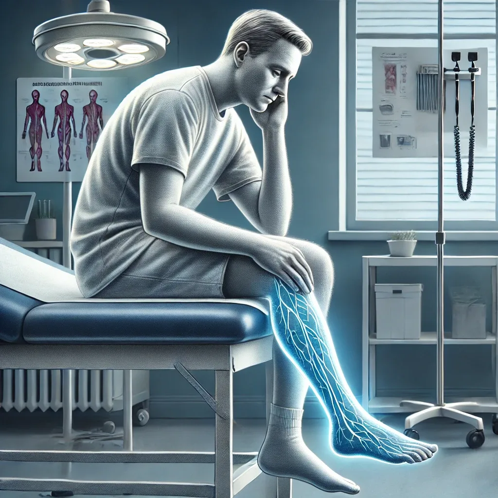 Ilustração de paciente sentado na maca com a perna destacada em azul, evidenciando nervos e vasos